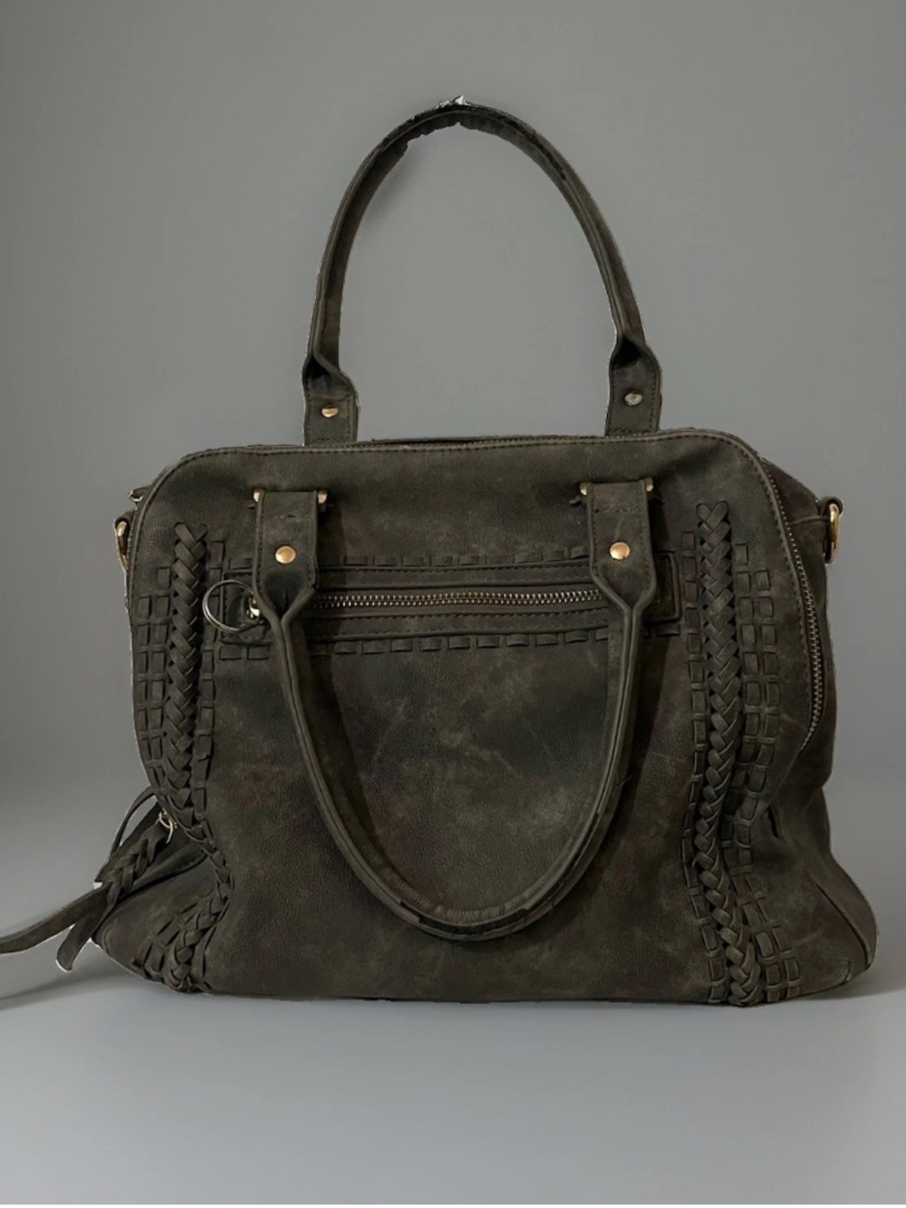 Distressed Gray Faux Leather Satchel Bag Braided Boho Grunge Retro Style